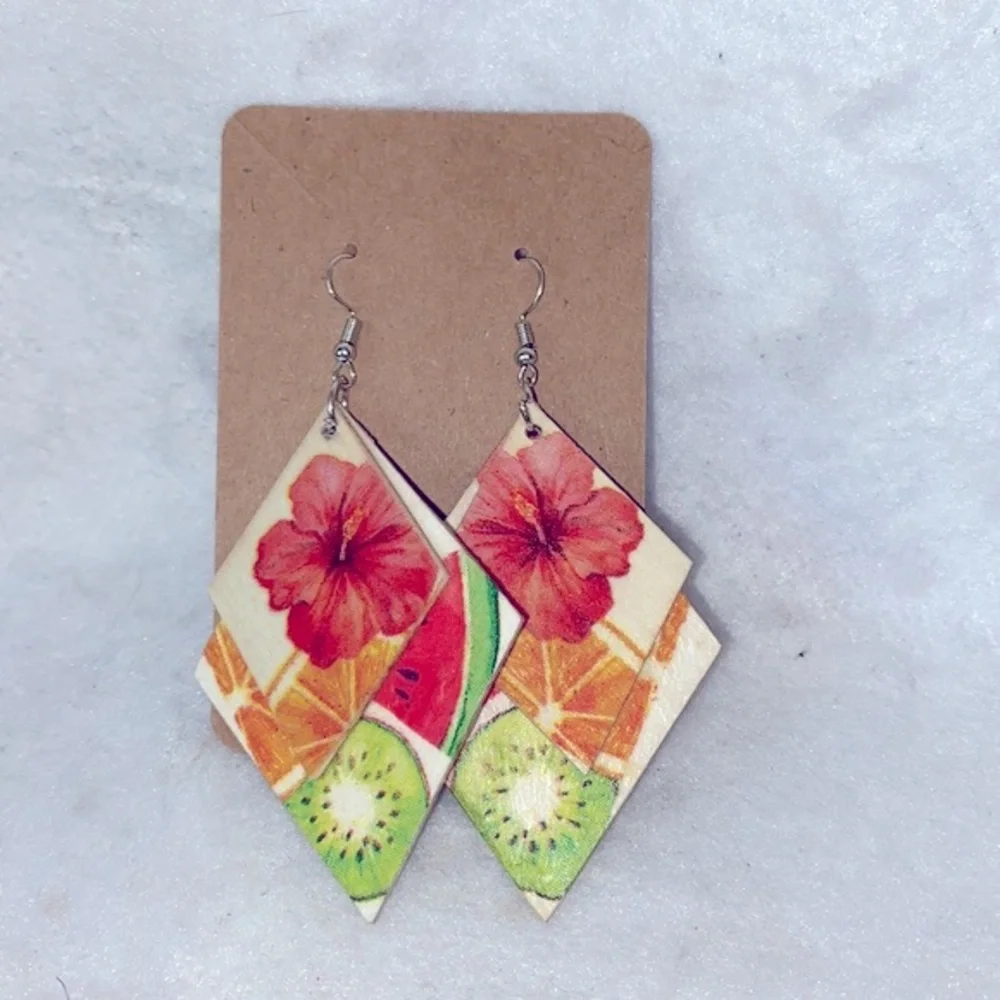 Lightweight Tropical Wood Dangle Earrings Hibiscus Kiwi Watermelon 3” Tiered - Picture 7 of 8